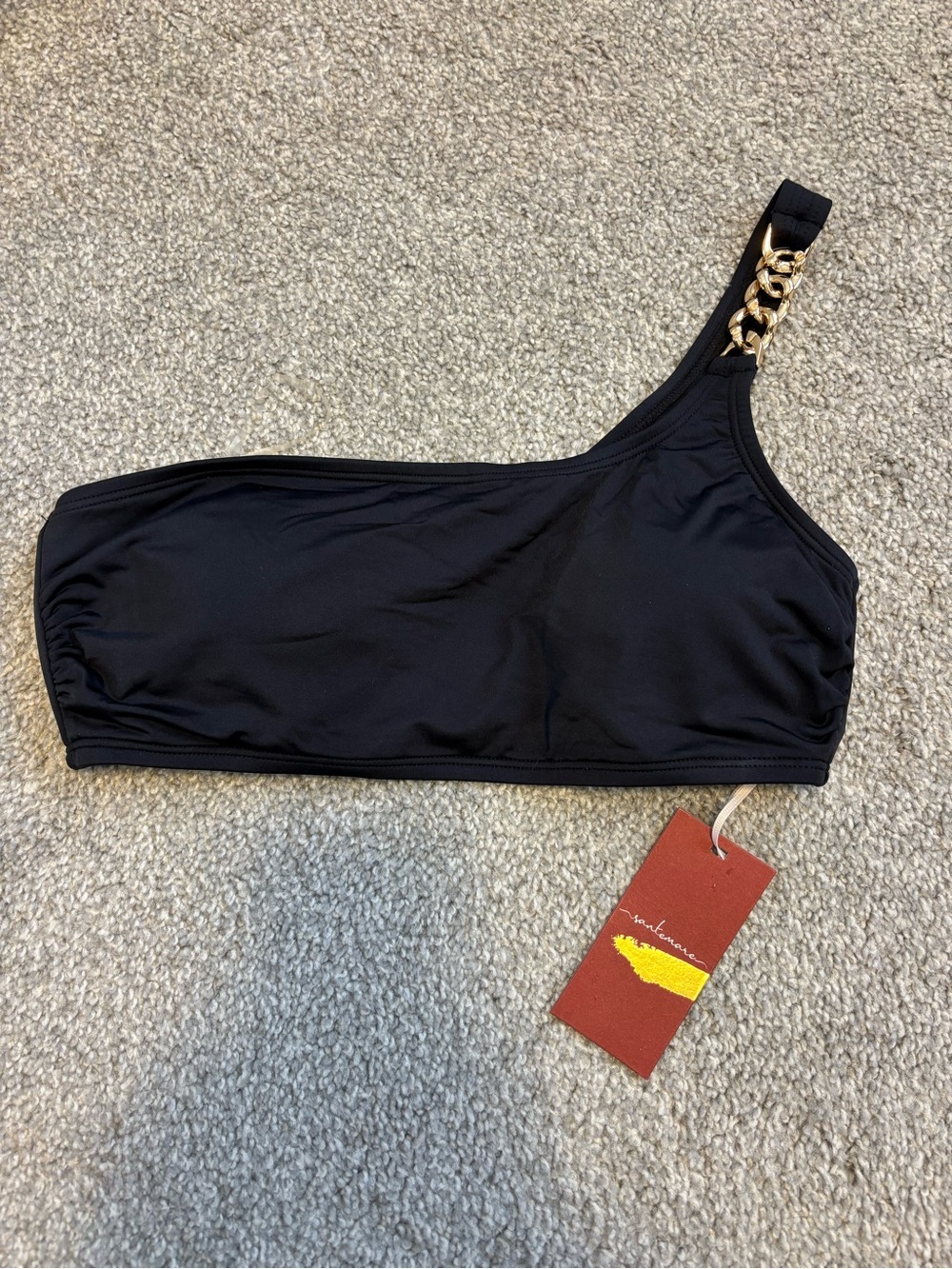 Santamare One-Shoulder Black Swim Top with Gold Chain Accent